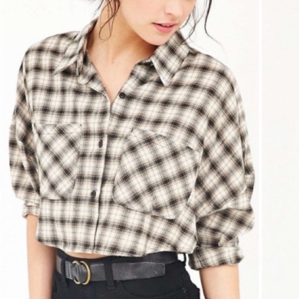 UNIF x UO Cropped Plaid Yellow Mustard Gold Black Button Down Up Flannel Shirt